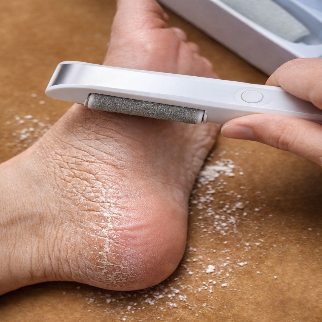 PediGlow™ fjerner effektivt hård og revnet hud på hælen