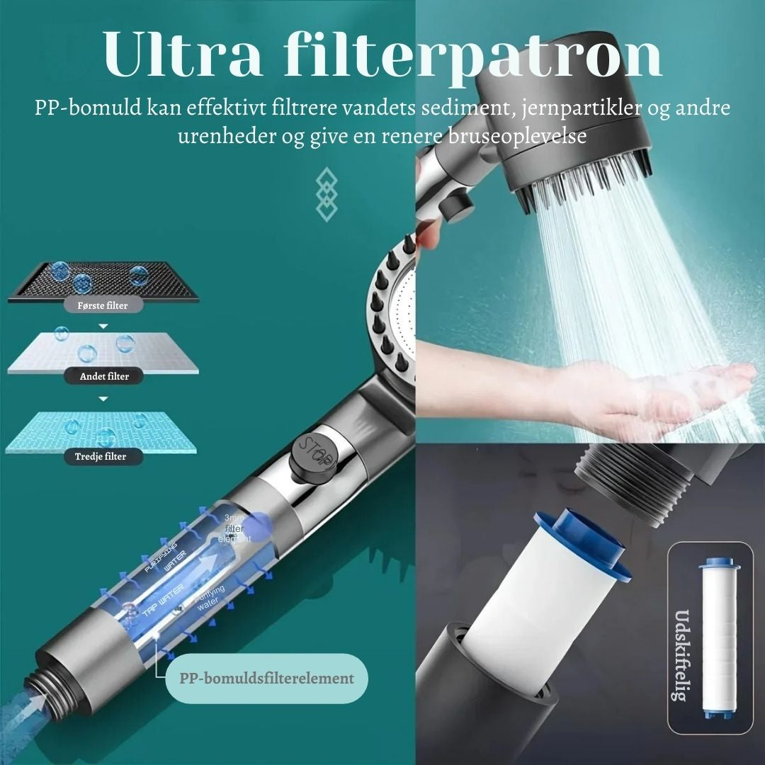 Vandrel™ Brusehoved med Filter og 3 Indstillinger – Blødere Vandfølelse til Sensitiv Hud