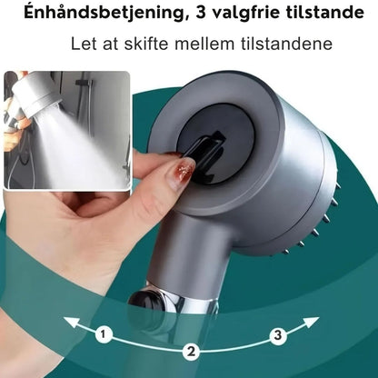 Vandrel™ Brusehoved med Filter og 3 Indstillinger – Blødere Vandfølelse til Sensitiv Hud